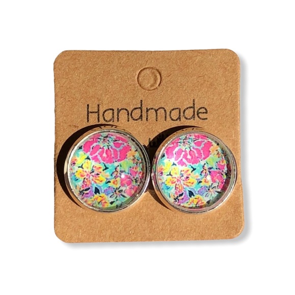 Cabana Bright Pink Floral Silver Stud Earrings - Picture 4 of 14